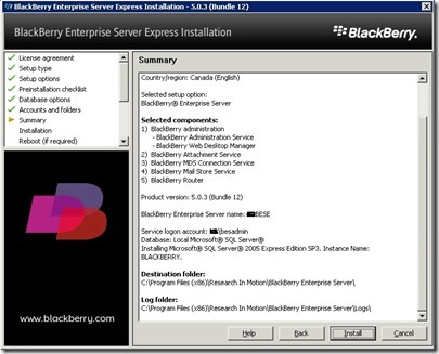 8 BES install Summary screen 8 BES install Summary screen